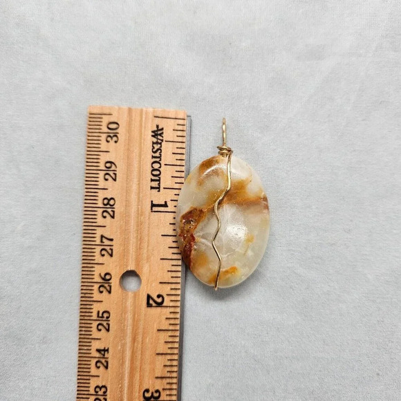 Handcrafted Onyx Pendant Oval Beige Brown Marbled Gold Tone Metal Bail Decor - Picture 5 of 8